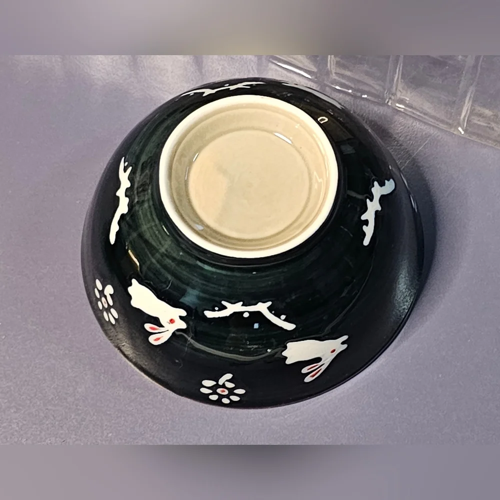 [Vintage Sushi Set] White Rabbits & Flowers on Dark Bluish/Green Ceramic…